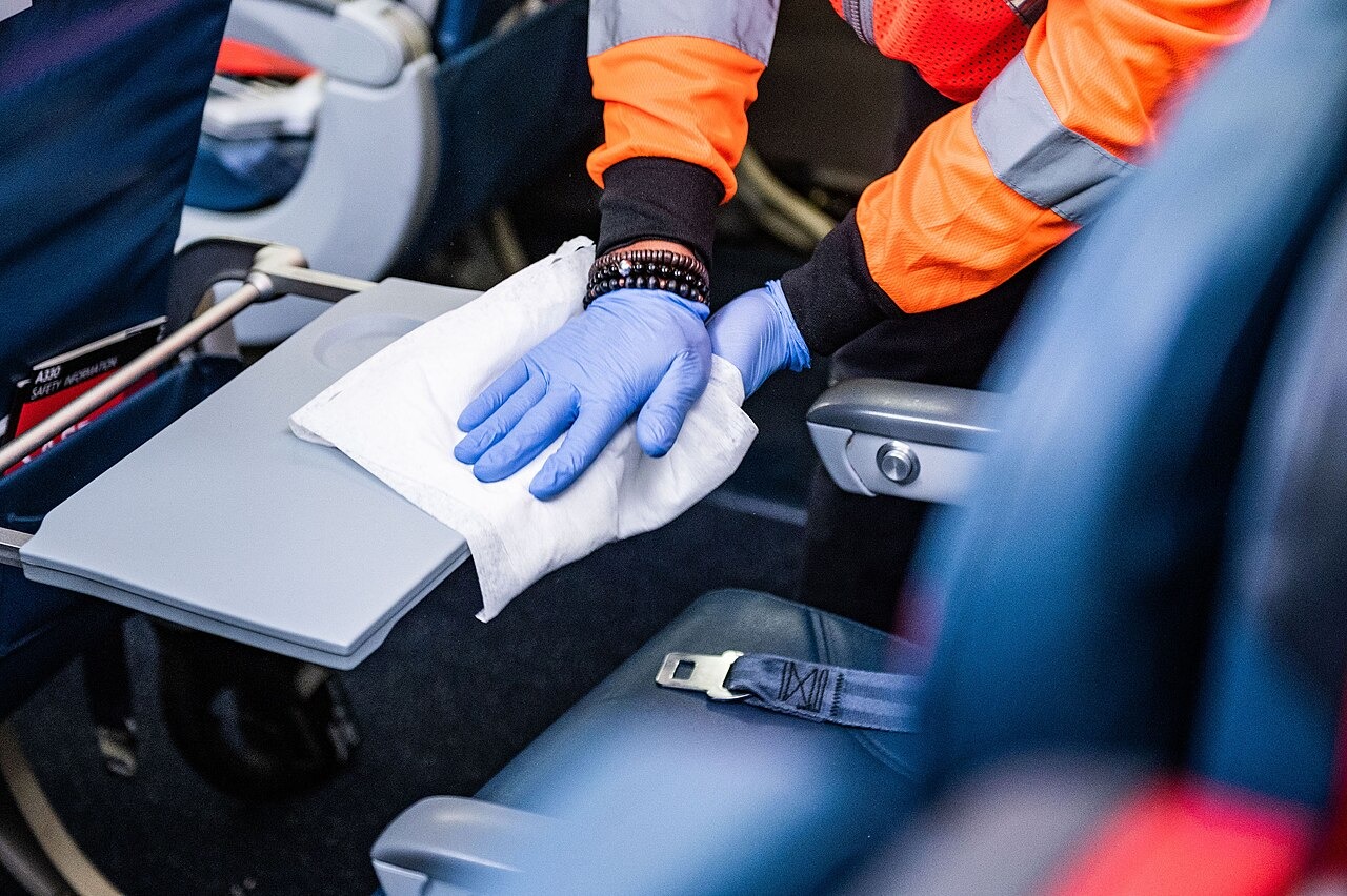 File photo: File photograph: Delta personnel disinfect an aircraft cabin in Atlanta, March 6, 2020. Illustrative context; not a photograph of the reported event.